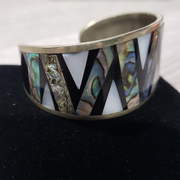 Vintage Cuff Bracelet Alpaca Silver Mexico Cloisonne Abalone Jewelry - Picture 2 of 6